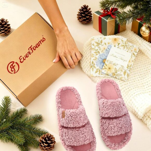 ⚡Women's Dusty Rose Fuzzy Open Toe Slippers Soft Comfy Memory Foam House Shoes - Picture 7 of 8
